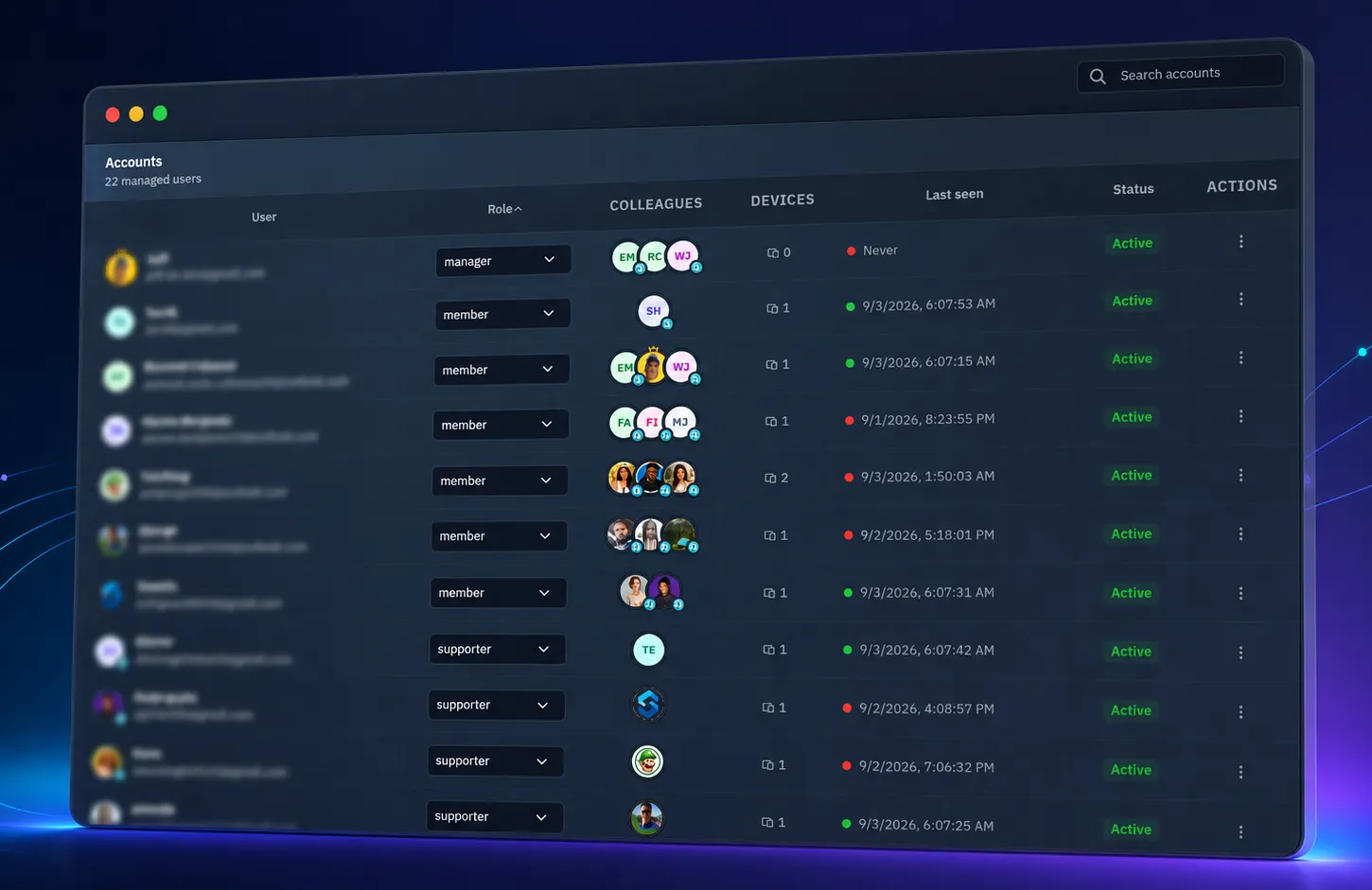 CareerCraft account management view showing roles, collaborators, devices, and status