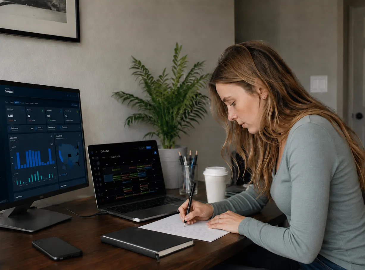 A job seeker working at a desk, with the CareerCraft dashboard open on the monitor and its calendar view on the laptop