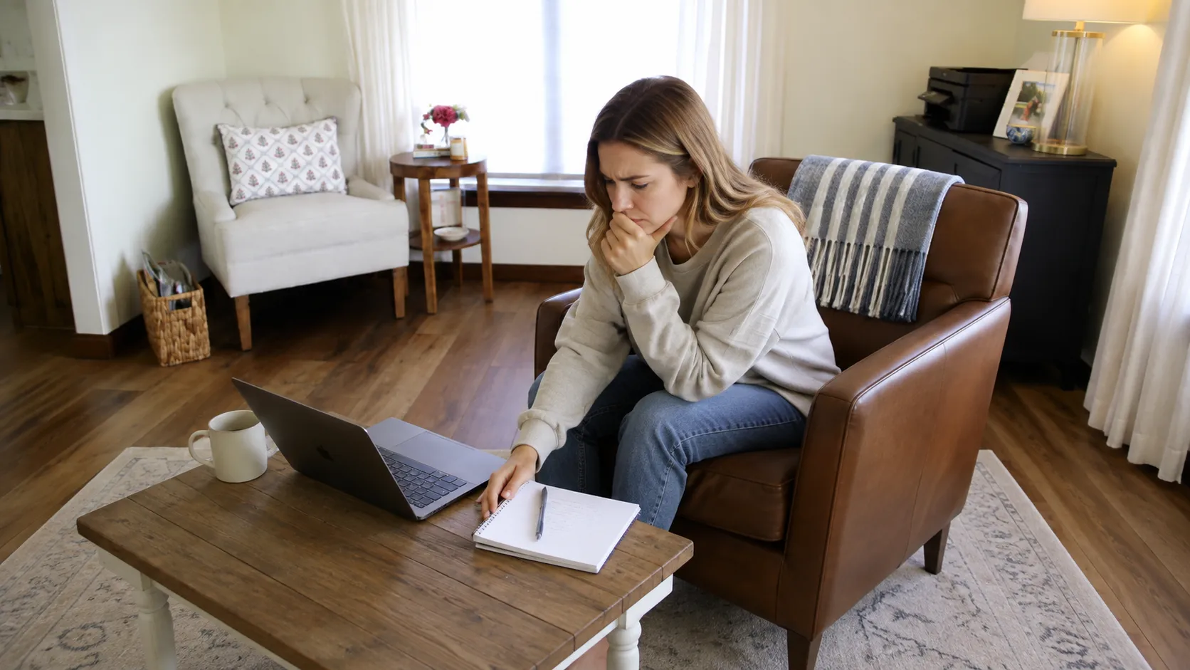 A job seeker preparing for an interview at home with a laptop and notes