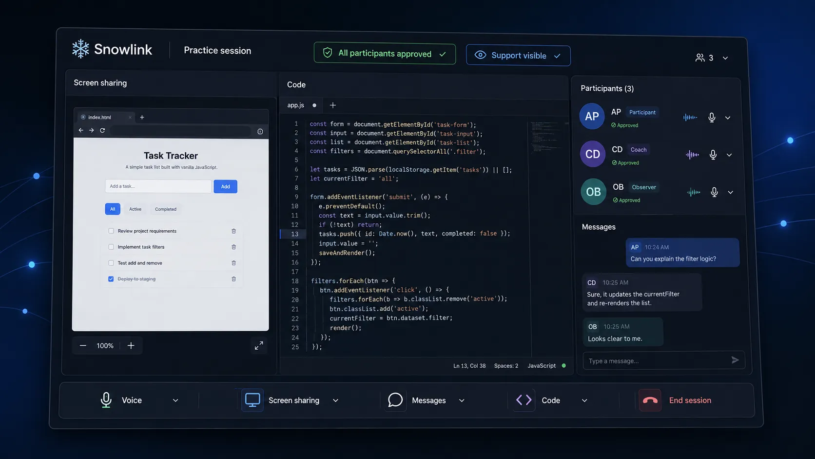 Snowlink practice session with screen sharing, collaborative code, participants, messaging, and voice controls